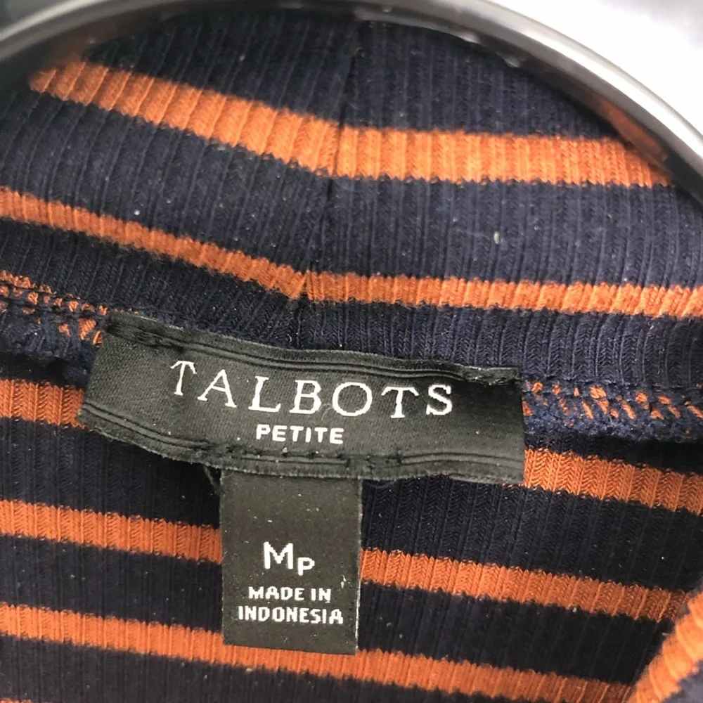 Talbots 2020 Orange & Navy Ribbed Stripe Button Cuff Turtle Neck Size Medium P - Picture 7 of 10
